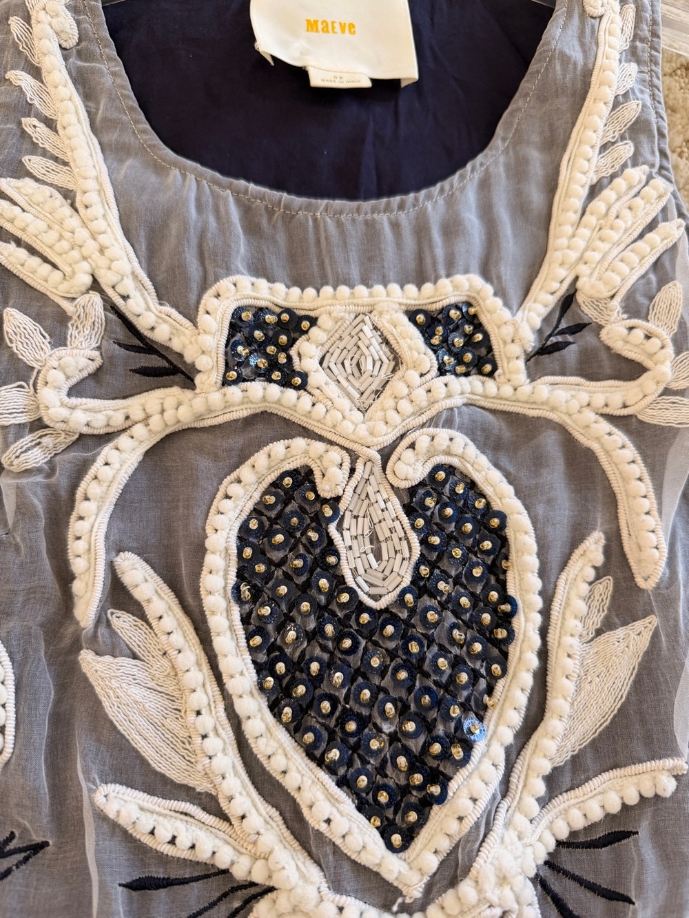 Anthropologie Maeve Gray Beaded Soutache Embroidered Shift Tank Dress Size 0P